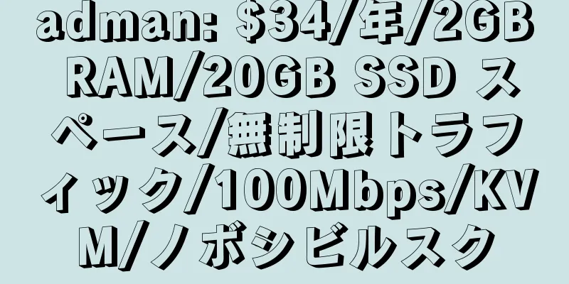 adman: $34/年/2GB RAM/20GB SSD スペース/無制限トラフィック/100Mbps/KVM/ノボシビルスク