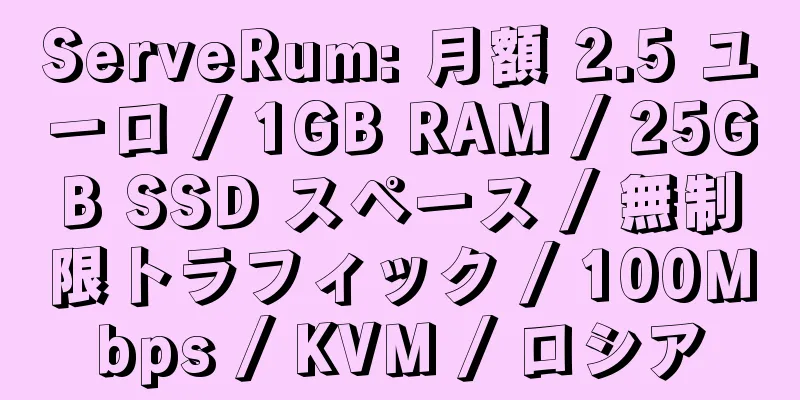 ServeRum: 月額 2.5 ユーロ / 1GB RAM / 25GB SSD スペース / 無制限トラフィック / 100Mbps / KVM / ロシア