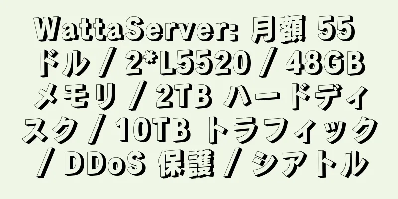 WattaServer: 月額 55 ドル / 2*L5520 / 48GB メモリ / 2TB ハードディスク / 10TB トラフィック / DDoS 保護 / シアトル