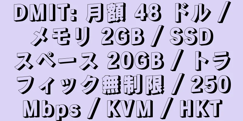 DMIT: 月額 48 ドル / メモリ 2GB / SSD スペース 20GB / トラフィック無制限 / 250Mbps / KVM / HKT