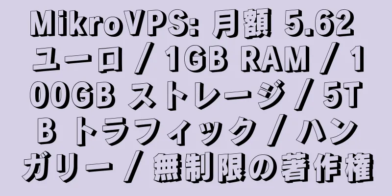 MikroVPS: 月額 5.62 ユーロ / 1GB RAM / 100GB ストレージ / 5TB トラフィック / ハンガリー / 無制限の著作権