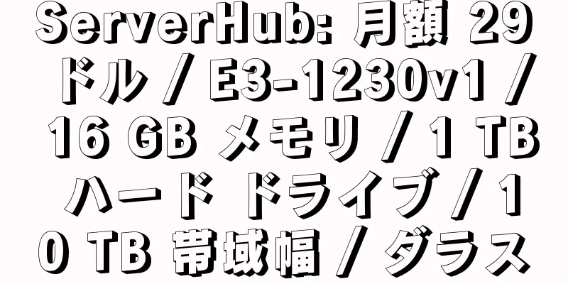 ServerHub: 月額 29 ドル / E3-1230v1 / 16 GB メモリ / 1 TB ハード ドライブ / 10 TB 帯域幅 / ダラス