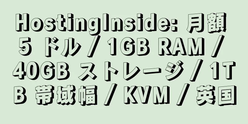 HostingInside: 月額 5 ドル / 1GB RAM / 40GB ストレージ / 1TB 帯域幅 / KVM / 英国