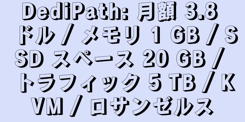 DediPath: 月額 3.8 ドル / メモリ 1 GB / SSD スペース 20 GB / トラフィック 5 TB / KVM / ロサンゼルス