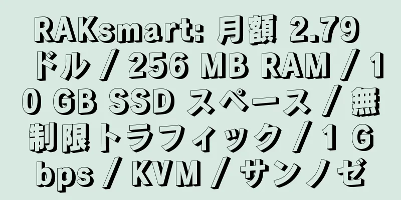 RAKsmart: 月額 2.79 ドル / 256 MB RAM / 10 GB SSD スペース / 無制限トラフィック / 1 Gbps / KVM / サンノゼ