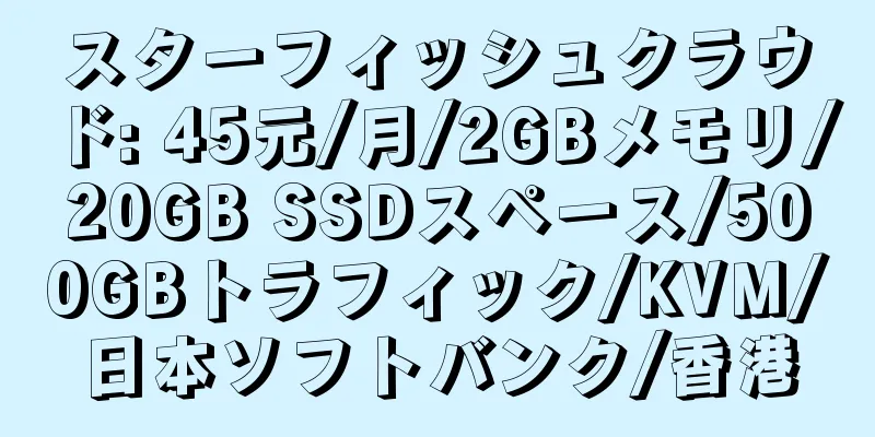 スターフィッシュクラウド: 45元/月/2GBメモリ/20GB SSDスペース/500GBトラフィック/KVM/日本ソフトバンク/香港