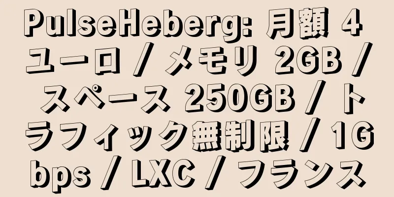 PulseHeberg: 月額 4 ユーロ / メモリ 2GB / スペース 250GB / トラフィック無制限 / 1Gbps / LXC / フランス