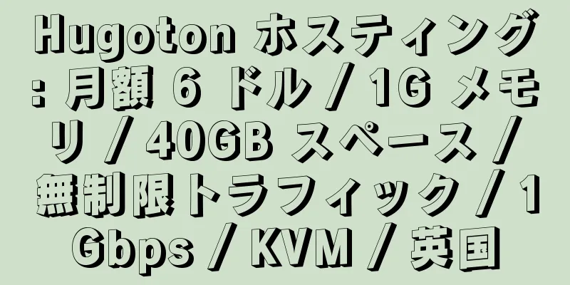 Hugoton ホスティング: 月額 6 ドル / 1G メモリ / 40GB スペース / 無制限トラフィック / 1Gbps / KVM / 英国