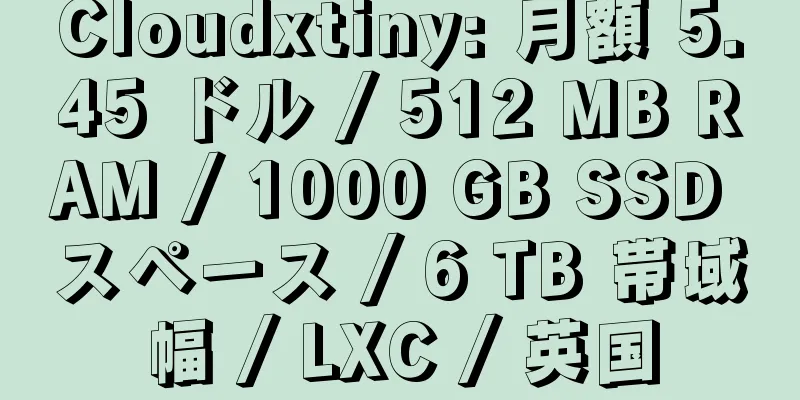 Cloudxtiny: 月額 5.45 ドル / 512 MB RAM / 1000 GB SSD スペース / 6 TB 帯域幅 / LXC / 英国