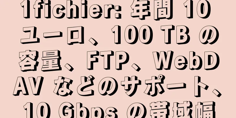 1fichier: 年間 10 ユーロ、100 TB の容量、FTP、WebDAV などのサポート、10 Gbps の帯域幅