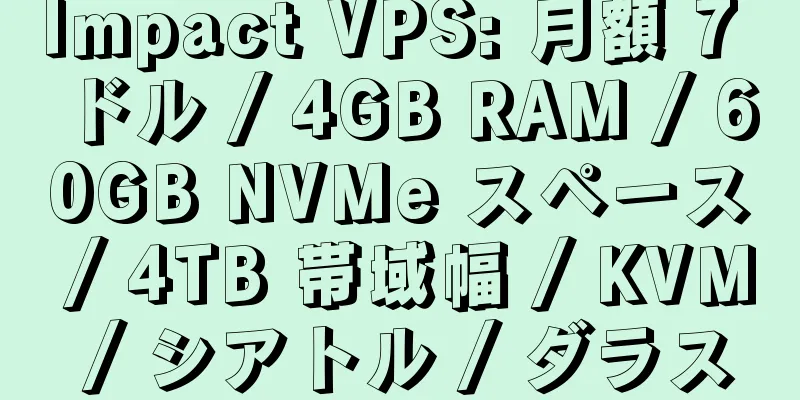 Impact VPS: 月額 7 ドル / 4GB RAM / 60GB NVMe スペース / 4TB 帯域幅 / KVM / シアトル / ダラス