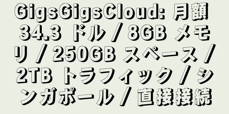 GigsGigsCloud: 月額 34.3 ドル / 8GB メモリ / 250GB スペース / 2TB トラフィック / シンガポール / 直接接続