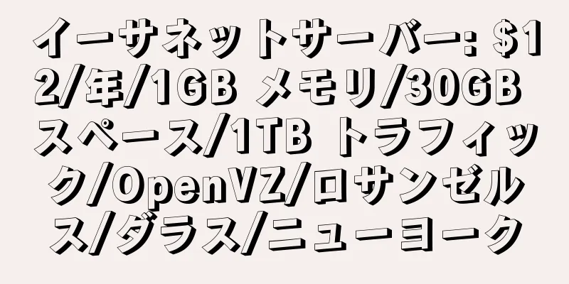 イーサネットサーバー: $12/年/1GB メモリ/30GB スペース/1TB トラフィック/OpenVZ/ロサンゼルス/ダラス/ニューヨーク