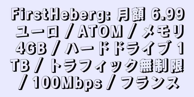 FirstHeberg: 月額 6.99 ユーロ / ATOM / メモリ 4GB / ハードドライブ 1TB / トラフィック無制限 / 100Mbps / フランス