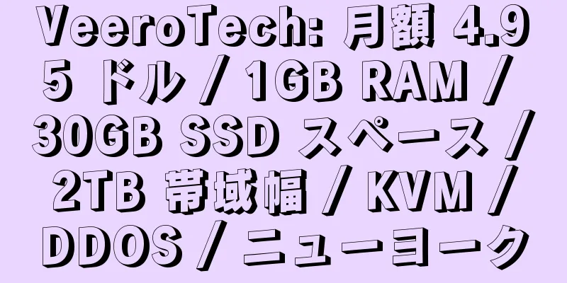 VeeroTech: 月額 4.95 ドル / 1GB RAM / 30GB SSD スペース / 2TB 帯域幅 / KVM / DDOS / ニューヨーク