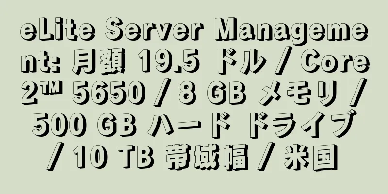 eLite Server Management: 月額 19.5 ドル / Core2™ 5650 / 8 GB メモリ / 500 GB ハード ドライブ / 10 TB 帯域幅 / 米国