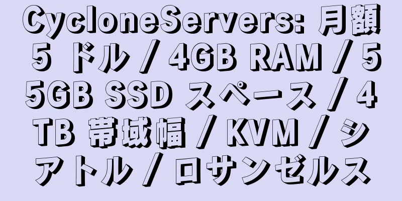 CycloneServers: 月額 5 ドル / 4GB RAM / 55GB SSD スペース / 4TB 帯域幅 / KVM / シアトル / ロサンゼルス