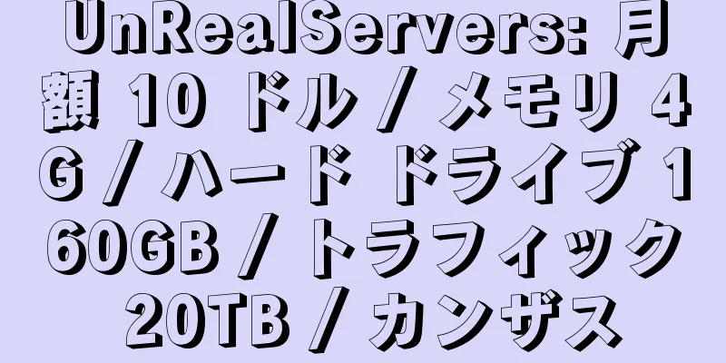 UnRealServers: 月額 10 ドル / メモリ 4G / ハード ドライブ 160GB / トラフィック 20TB / カンザス