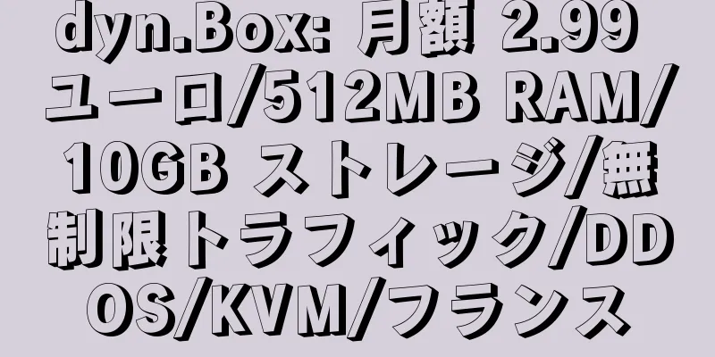 dyn.Box: 月額 2.99 ユーロ/512MB RAM/10GB ストレージ/無制限トラフィック/DDOS/KVM/フランス