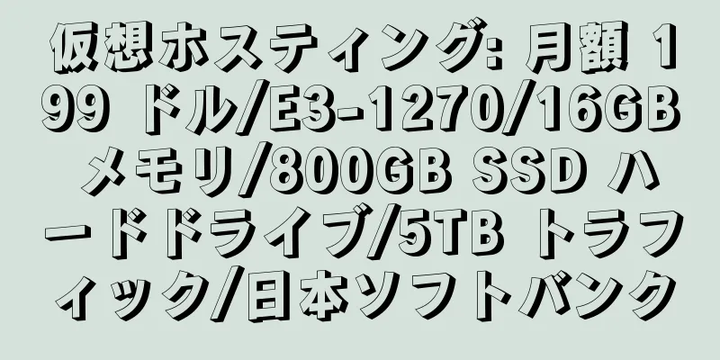 仮想ホスティング: 月額 199 ドル/E3-1270/16GB メモリ/800GB SSD ハードドライブ/5TB トラフィック/日本ソフトバンク