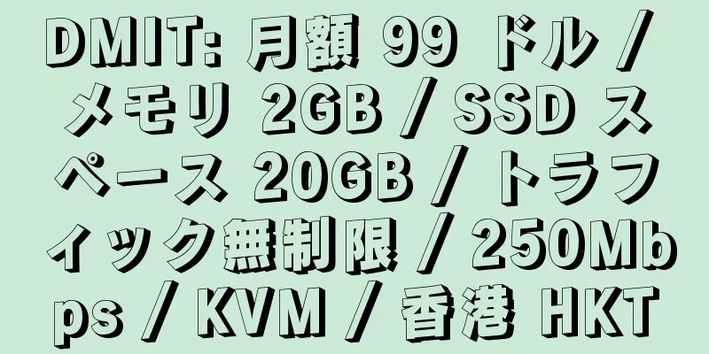 DMIT: 月額 99 ドル / メモリ 2GB / SSD スペース 20GB / トラフィック無制限 / 250Mbps / KVM / 香港 HKT