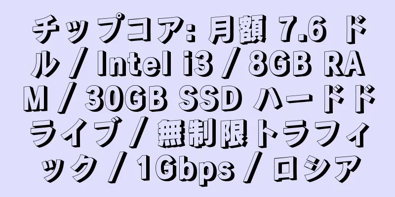 チップコア: 月額 7.6 ドル / Intel i3 / 8GB RAM / 30GB SSD ハードドライブ / 無制限トラフィック / 1Gbps / ロシア