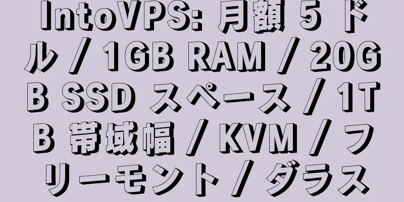 IntoVPS: 月額 5 ドル / 1GB RAM / 20GB SSD スペース / 1TB 帯域幅 / KVM / フリーモント / ダラス