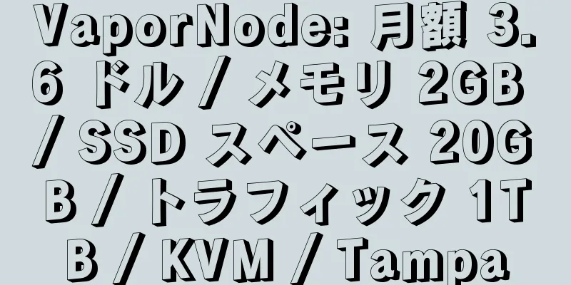 VaporNode: 月額 3.6 ドル / メモリ 2GB / SSD スペース 20GB / トラフィック 1TB / KVM / Tampa