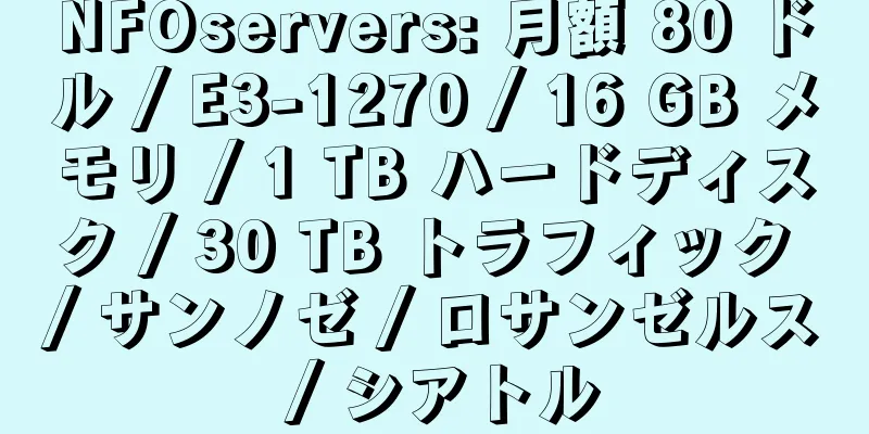 NFOservers: 月額 80 ドル / E3-1270 / 16 GB メモリ / 1 TB ハードディスク / 30 TB トラフィック / サンノゼ / ロサンゼルス / シアトル