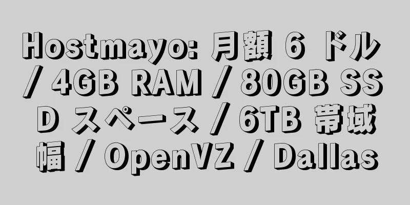 Hostmayo: 月額 6 ドル / 4GB RAM / 80GB SSD スペース / 6TB 帯域幅 / OpenVZ / Dallas