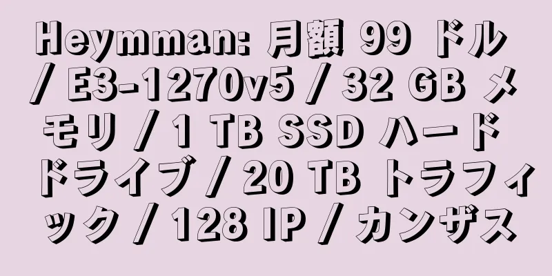 Heymman: 月額 99 ドル / E3-1270v5 / 32 GB メモリ / 1 TB SSD ハード ドライブ / 20 TB トラフィック / 128 IP / カンザス