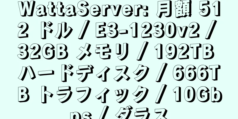 WattaServer: 月額 512 ドル / E3-1230v2 / 32GB メモリ / 192TB ハードディスク / 666TB トラフィック / 10Gbps / ダラス