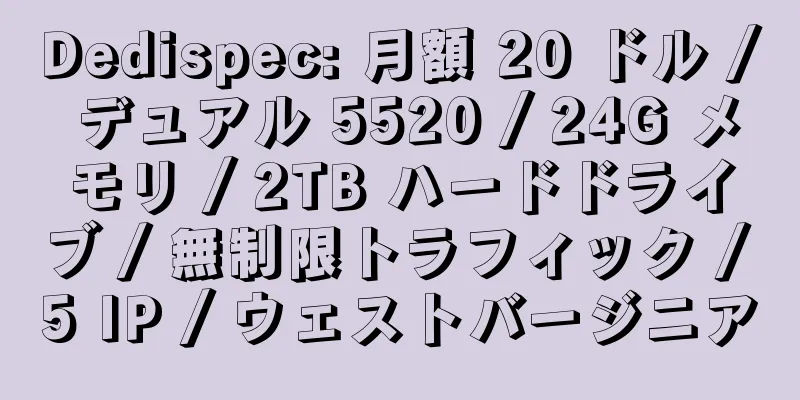 Dedispec: 月額 20 ドル / デュアル 5520 / 24G メモリ / 2TB ハードドライブ / 無制限トラフィック / 5 IP / ウェストバージニア