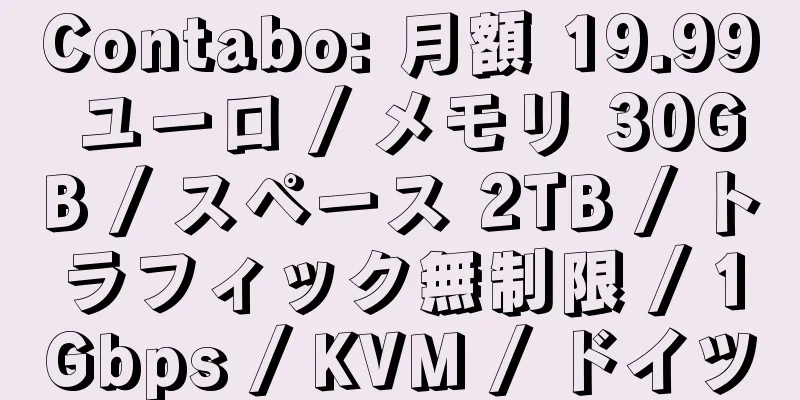 Contabo: 月額 19.99 ユーロ / メモリ 30GB / スペース 2TB / トラフィック無制限 / 1Gbps / KVM / ドイツ