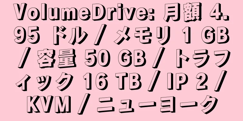 VolumeDrive: 月額 4.95 ドル / メモリ 1 GB / 容量 50 GB / トラフィック 16 TB / IP 2 / KVM / ニューヨーク