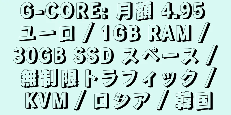 G-CORE: 月額 4.95 ユーロ / 1GB RAM / 30GB SSD スペース / 無制限トラフィック / KVM / ロシア / 韓国