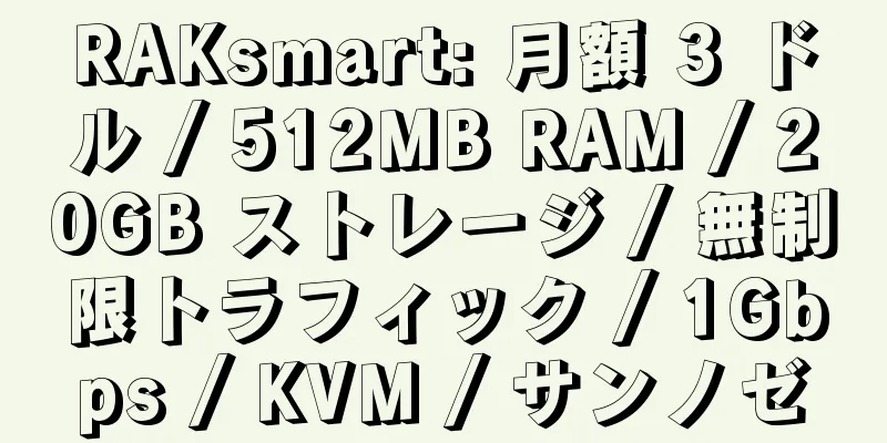 RAKsmart: 月額 3 ドル / 512MB RAM / 20GB ストレージ / 無制限トラフィック / 1Gbps / KVM / サンノゼ