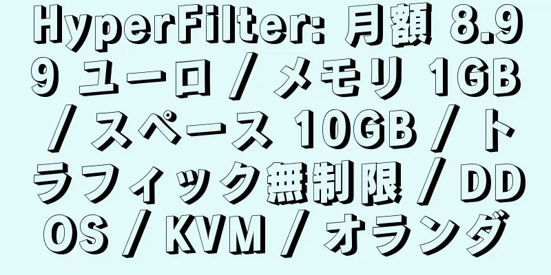 HyperFilter: 月額 8.99 ユーロ / メモリ 1GB / スペース 10GB / トラフィック無制限 / DDOS / KVM / オランダ