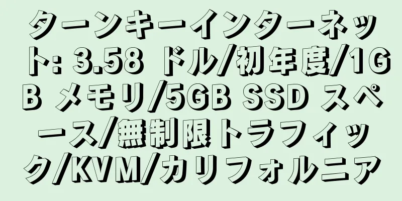 ターンキーインターネット: 3.58 ドル/初年度/1GB メモリ/5GB SSD スペース/無制限トラフィック/KVM/カリフォルニア