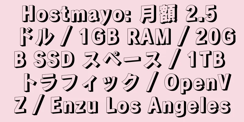 Hostmayo: 月額 2.5 ドル / 1GB RAM / 20GB SSD スペース / 1TB トラフィック / OpenVZ / Enzu Los Angeles