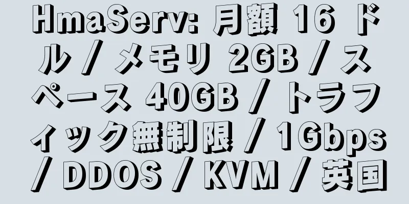 HmaServ: 月額 16 ドル / メモリ 2GB / スペース 40GB / トラフィック無制限 / 1Gbps / DDOS / KVM / 英国