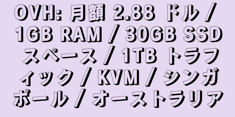 OVH: 月額 2.88 ドル / 1GB RAM / 30GB SSD スペース / 1TB トラフィック / KVM / シンガポール / オーストラリア