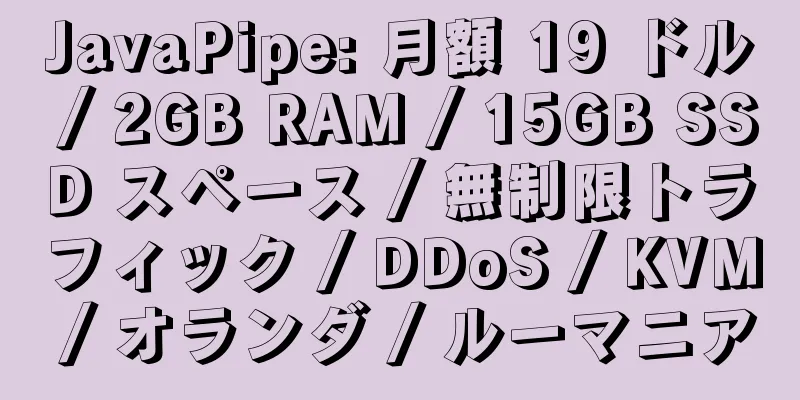 JavaPipe: 月額 19 ドル / 2GB RAM / 15GB SSD スペース / 無制限トラフィック / DDoS / KVM / オランダ / ルーマニア