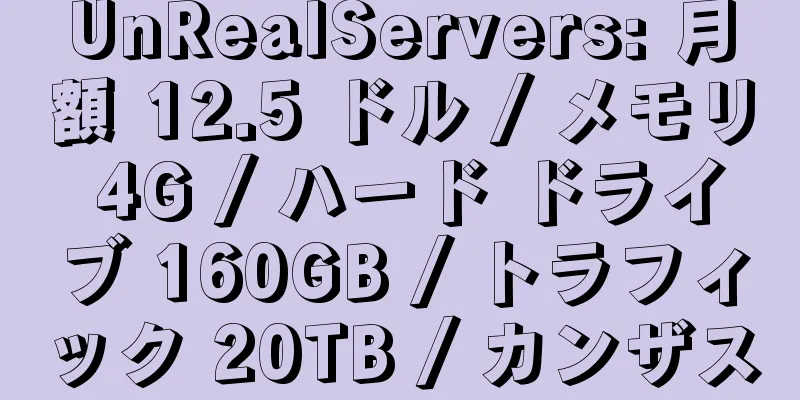 UnRealServers: 月額 12.5 ドル / メモリ 4G / ハード ドライブ 160GB / トラフィック 20TB / カンザス