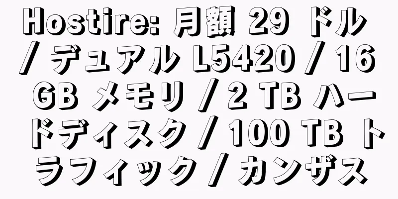 Hostire: 月額 29 ドル / デュアル L5420 / 16 GB メモリ / 2 TB ハードディスク / 100 TB トラフィック / カンザス