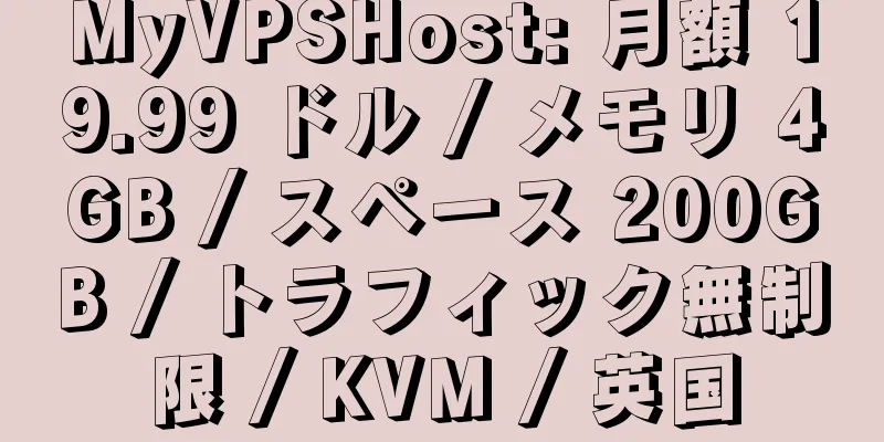 MyVPSHost: 月額 19.99 ドル / メモリ 4GB / スペース 200GB / トラフィック無制限 / KVM / 英国