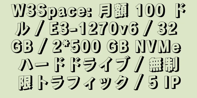 W3Space: 月額 100 ドル / E3-1270v6 / 32 GB / 2*500 GB NVMe ハードドライブ / 無制限トラフィック / 5 IP