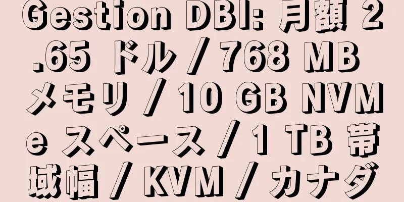 Gestion DBI: 月額 2.65 ドル / 768 MB メモリ / 10 GB NVMe スペース / 1 TB 帯域幅 / KVM / カナダ