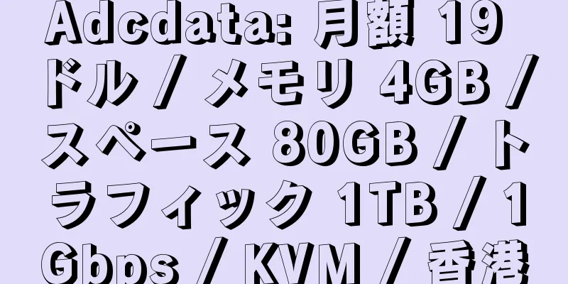 Adcdata: 月額 19 ドル / メモリ 4GB / スペース 80GB / トラフィック 1TB / 1Gbps / KVM / 香港