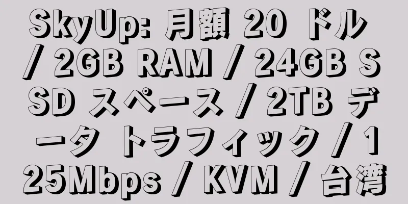 SkyUp: 月額 20 ドル / 2GB RAM / 24GB SSD スペース / 2TB データ トラフィック / 125Mbps / KVM / 台湾